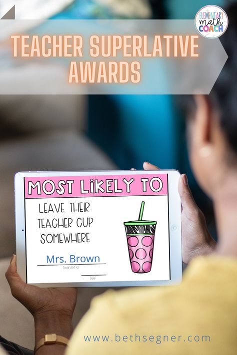 Celebrate the end of the year with your staff with teacher superlatives awards! A digital version is also included so you can edit and share directly on Google. #instructionalcoach #icoachteachers #principalsfollowprincipals #staffmoraleboost #elementarymathcoach End Of School Year Staff Party Ideas, Staff Involvement Ideas, End Of The Year Awards For Teachers And Staff, End Of Year Staff Awards, Teacher Staff Development Activities Fun, Teacher Superlatives Yearbook, Fun Teacher Award Ideas, Staff Bingo Bulletin Board, Marigold Effect Teachers