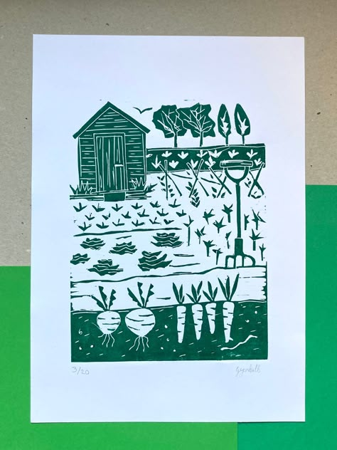 Lino print on green relief ink on white card. Paper is A4 size Print is A5 size Coloured Lino Print, Lino Printing, Lino Print Ideas, Hand Coloured Lino Prints, Lino Landscape, Plant Lino Print, Allotment Lino Print, Linoleum Printmaking, Print Making Designs