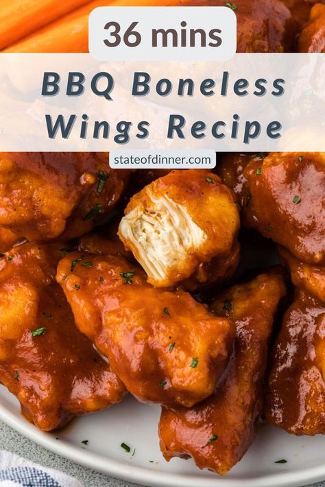 A serving of the best game day appetizer, the BBQ boneless wings recipe, on a plate. Bbq Boneless Wings, Boneless Wings Recipe, Sticky Wings Recipe, Boneless Wing Recipes, Breaded Chicken Wings, Bbq Wings Recipe, Bbq Chicken Wings Recipe, Boneless Chicken Wings, Wing Sauce Recipes