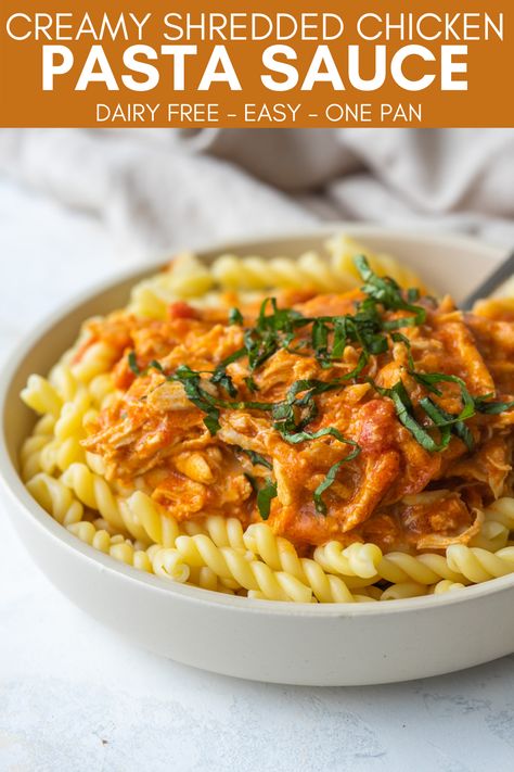 Creamy chicken pasta sauce on a bowl of noodles with fresh basil on top. Chicken Pasta Dairy Free, Chicken Pasta Red Sauce, Chicken Pasta Sauce Recipes, Shredded Chicken Pasta, Creamy Shredded Chicken, Pasta Sauce Dairy Free, Chicken Pasta Sauce, Red Sauce Pasta Recipe, Teen Camp