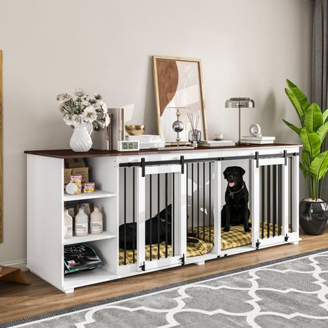 Tucker Murphy Pet™ Furniture Style Wooden Dog Crate With 3 Drawer 32”X95”X23” | Wayfair Room Seperator, Xxl Dog Crate, Large Dog Crate Furniture, Dog Kennel End Table, Dog Crate End Table, Double Dog Crate, Furniture Style Dog Crate, Crate End Tables, Wooden Dog Kennels