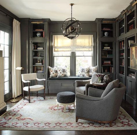 3,450 Likes, 39 Comments - Benjamin Moore (@benjaminmoore) on Instagram: “Kendall Charcoal HC-166 makes this room rich, deep, and luxurious when paired with white room…” Connecticut House, Floor To Ceiling Bookshelves, Dark Accent Walls, Beach Drive, Piano Room, Home Library Design, Room Remodel, Home Libraries, Reading Room