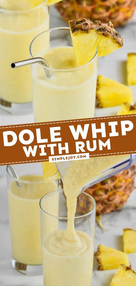 Learn how to make a Dole Whip with Rum! This easy cocktail recipe lets you bring home the magic of Disney — with a grown-up twist. With just 4 ingredients, you can have a frozen drink idea to enjoy anytime! Dole Whip Drink Alcohol, Blended Mixed Drinks Alcoholic, Mixed Drinks Alcoholic Sweet, Beachy Drinks Alcohol, Lake Day Drinks, Easy Frozen Alcoholic Drinks, Fun Summer Alcoholic Drinks, Sweet Alcoholic Drinks Easy, Birthday Alcoholic Drinks