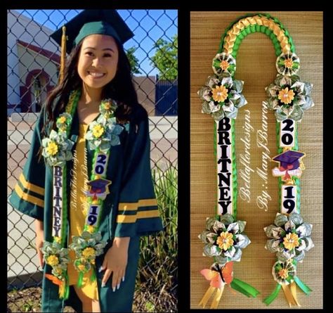 Boy Leis For Graduation, College Graduation Leis, Birthday Pins Ribbon Diy, Grad Sash Ideas, How To Make A Graduation Lei, Graduation Garland Necklace, Money Lay For Graduation, Graduation Necklace Ideas, Money Leis For Graduation Diy