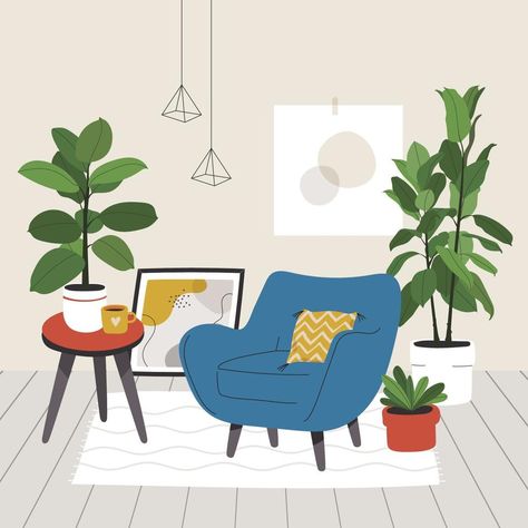 Living Room Illustration, Bedroom Illustration, Plant Vector, Interior Illustration, House Illustration, Mid Century Modern Decor, Decorating Small Spaces, Flat Illustration, Comfortable Chair