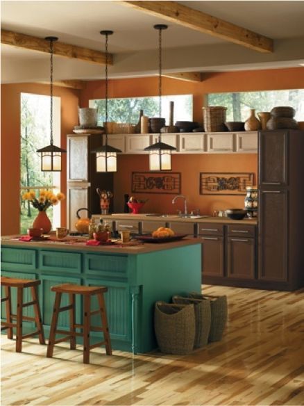 Copper Paint Colors, Teal Copper Room, Arizona Paint Colors, Copper Colored Walls, Copper Orange Interior, Teal And Copper Decor, Copper Colour, ... Teal Kitchen, Brown Cabinets, Beautiful Kitchen Designs, Palette Design, Orange Kitchen, Kitchen Colour Schemes, Organizing Hacks, Kitchen Paint Colors, Casa Vintage