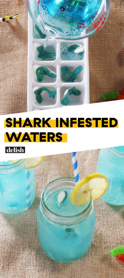 Discovery​ fans, this boozy punch is more dangerous than a Great White. Get the recipe at Delish.com. #recipe #easy #easyrecipes #cocktails #rum #sharks #candy #hacks #lifehacks Shark Week Drinks For Kids, Shark Week Drinks, Boozy Punch, Shark Week Recipes, Margaritaville Party, Beach Dessert, Drinks For Kids, Shark Week Party, Shark Birthday Party