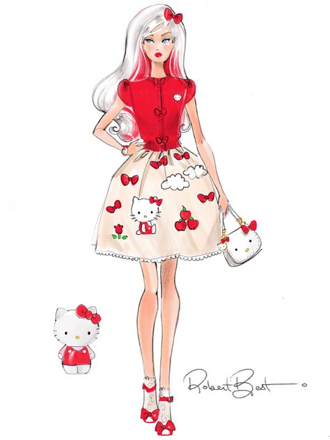 Hello Kitty Barbie Robert Best, Barbie Fashion Sketches, Barbie Books, Barbie Drawing, Barbie Collector Dolls, Barbie Toys, Fashion Illustration Sketches, Dress Drawing, Barbie Collector