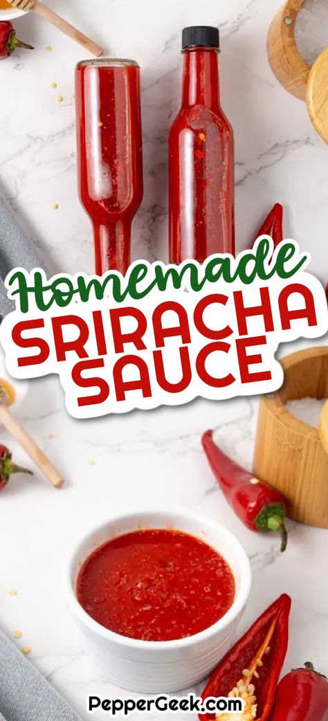 Sriracha is one condiment we always have stocked in the fridge. This is our homemade sriracha sauce recipe, which we find to be as good as (if not better) than the famous Huy Fong version. Huy Fong Sriracha, Sriracha Pepper Recipes, Sriracha Sauce Homemade, Diy Sriracha Sauce, How To Make Sriracha Sauce, Fermented Sriracha Sauce, Sriracha Recipes Homemade, Homemade Condiments Recipes, Sweet Hot Sauce Recipe