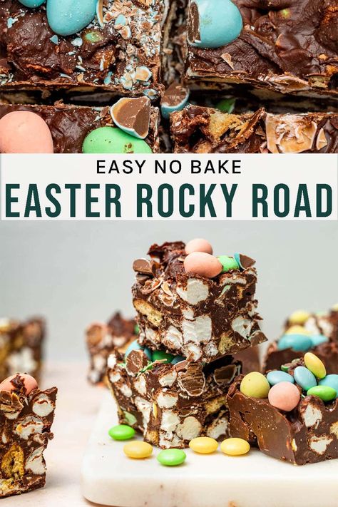 Easter Rocky Road Sweet Easter rocky road, for a homemade springtime candy bar idea filled with colourful mini eggs, marshmallows, and digestive biscuits. Easter Rocky Road Recipe, Easter Rocky Road, Easy Rocky Road Recipe, Easter Brownies, Digestive Cookies, Homemade Candy Bars, Rocky Road Recipe, Easter Bunny Cupcakes, Leftover Candy