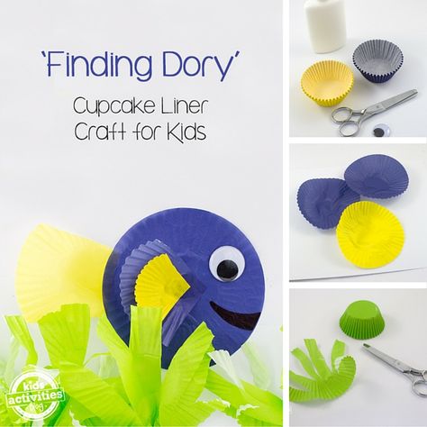 Finding Dory Cupcake Liner Craft Finding Dory Cupcakes, Finding Dory Crafts, Finding Dory Party, Cupcake Liner Crafts, Dory Party, Best Cupcake, Movie Crafts, Yellow Cupcakes, Adventure Camp