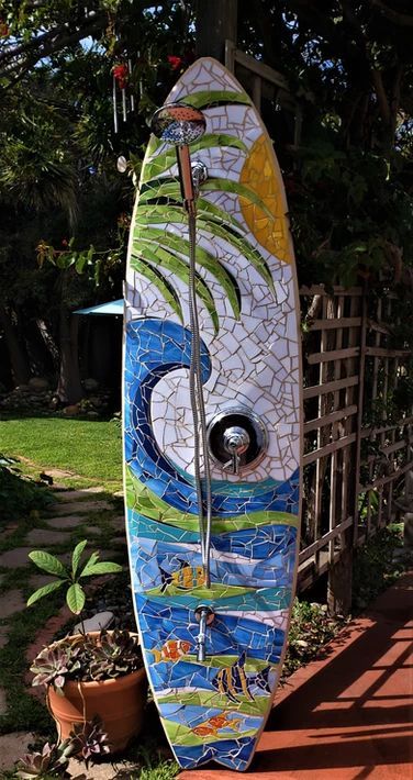 Mosaic Outdoor, Surf Room Decor, Surf Room, Surfboard Decor, Outdoor Showers, Solana Beach, Surfboard Art, Outdoor Bathrooms, Pool Ideas