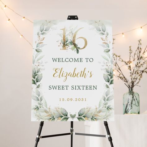 Sage Green And Gold Sweet 16, Green And Gold Sweet 16, Gold Sweet 16, Sage Green And Gold, Birthday Backdrops, Sweet Sixteen Parties, Elegant Typography, Watercolor Greenery, Birthday Poster