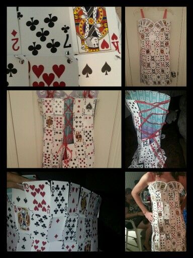 Poker Dress: I used mini key rings from the craft store & punched holes in the corners of the cards (careful to not get too close to the edges) In the back use triangle shaped cards to make the skirt more bell shaped. Using the same key ring string straps & the corset style back. I used 2 full decks of cards Cards To Make, Shaped Cards, Craft Store, Corset Style, Triangle Shape, The Craft, Deck Of Cards, Fun Things, Craft Stores