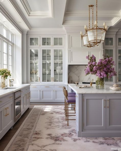 Light Purple Kitchen Cabinets, Classic Country Kitchen, Feminine Kitchen Design, French Contemporary Home, Modern French Country Kitchen, Modern Classic Kitchen, French Style Kitchen, Coastal Design Style, Fancy Kitchen