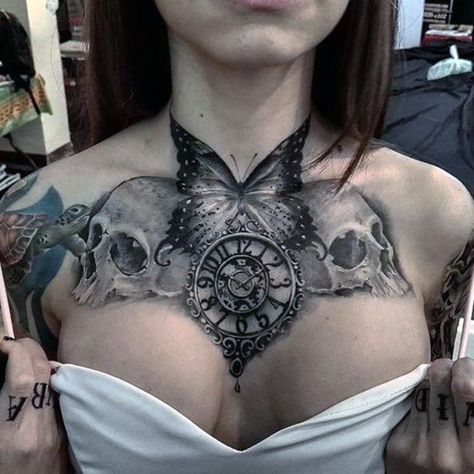 Top 100 Best Chest Tattoo Ideas for Women - Cool Female Designs Tato 3d, Infected Tattoo, Font Tato, Full Chest Tattoos, Throat Tattoo, Cool Chest Tattoos, Pieces Tattoo, Chest Piece Tattoos, Chest Tattoos For Women