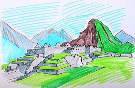 How to Draw Machu Picchu Step by Step Window Sketch, Drawing Instructions, Square Windows, Guided Drawing, Step Drawing, Mountain Top, Machu Picchu, Colored Pens, Step By Step Drawing