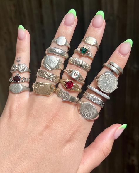 Ring Layout On Hand, Stacked Necklaces Silver Heavy, Silver Ring Stack Chunky, Big Silver Rings, Thick Silver Rings Grunge, Edgy Silver Rings For Streetwear, Ring Stack Silver, Silver Antique Jewelry, Layered Rings Silver Grunge