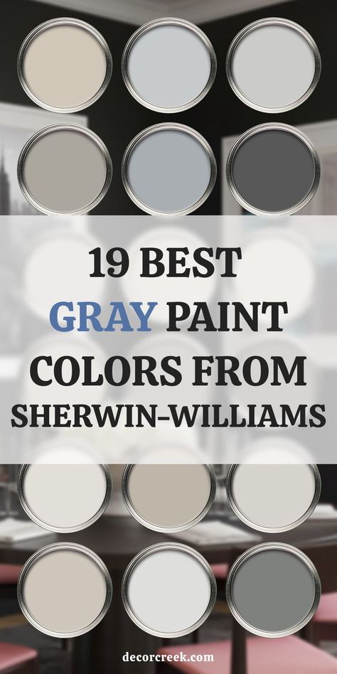 This image displays a collection of gray paint colors from Sherwin-Williams, presented as paint can lids arranged in a grid. The central text reads, "19 Best Gray Paint Colors from Sherwin-Williams," with "Gray" highlighted in blue. Each lid showcases a unique gray tone, ranging from warm neutrals to cool grays and darker shades. The background features a blurred interior scene, adding a modern and sophisticated atmosphere to the design. Best Sherwin Williams Gray, Best Gray Paint Colors, Gray Paint Colors Sherwin Williams, Sherwin Williams Paint Gray, Best Gray Paint, Best Gray Paint Color, Repose Gray Sherwin Williams, Light Grey Paint Colors, Gray Paint Colors