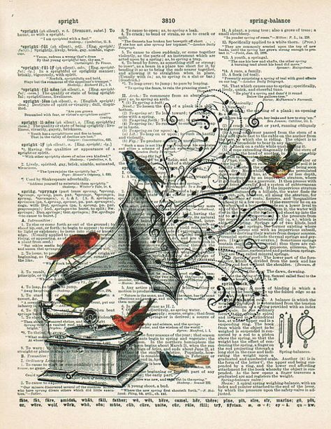 Victrola w birds. <3 Namaste Drawing, Dictionary Design, Old Book Art, Sketchbook Assignments, Newspaper Collage, Wanderlust Art, Old Book Crafts, Newspaper Art, Alice And Wonderland Quotes