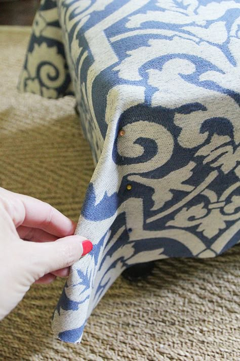 How To Slipcover an Ottoman (Again!) | Less Than Perfect Life of Bliss | home, diy, travel, parties, family, faith Diy Furniture Upholstery, Diy Ottoman, Couch Upholstery, Reupholster Furniture, Ottoman Slipcover, Upholstery Diy, Furniture Repair, Diy Furniture Couch, Furniture Upholstery