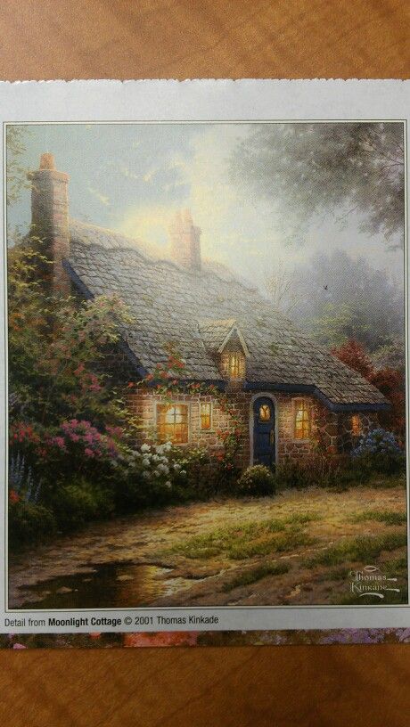 "Moonlight Cottage" by Thomas Kinkade, 2001 Thomas Kinkade Art, Thomas Kinkade Paintings, Thomas Kincaid, Kinkade Paintings, Secluded Cabin, Art Thomas, Mary Engelbreit, Thomas Kinkade, Cabins In The Woods