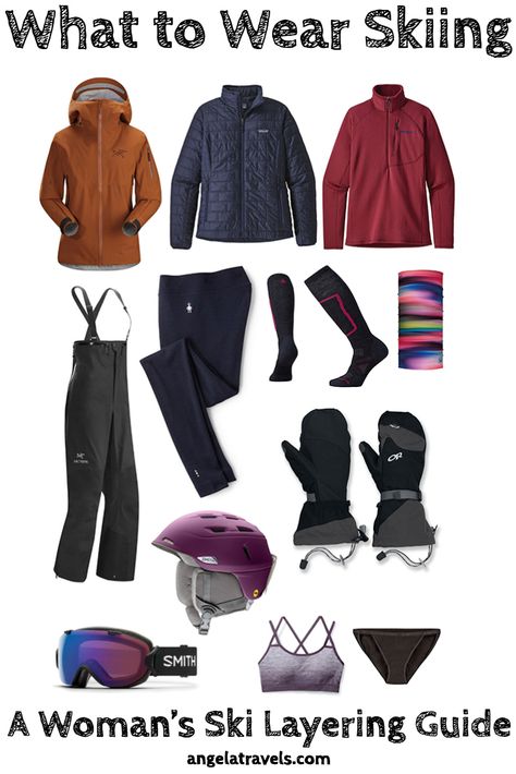 Stay warm and dry with this guide on what to wear skiing plus women's layering tips for skiing at the resort in the winter. Snowboarding Outfit Layers, Skiing Clothes For Women, Ski Layers Guide, Womens Ski Outfits What To Wear, Ski Layers For Women, What To Wear Skiing Women, Snowboarding Layers, Ski Attire Women, Ski Gear Women Outfits