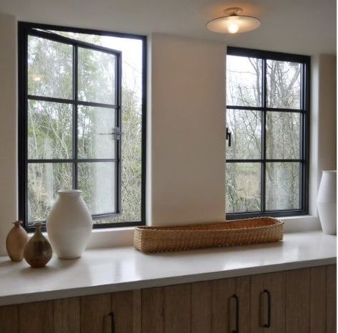 Contemporary Cottage Interiors, Casement Windows Exterior, Colonial Renovation, Black Window Trims, Grass Valley California, Kitchen Window Design, Black Window Frames, Steel Doors And Windows, Metal Windows