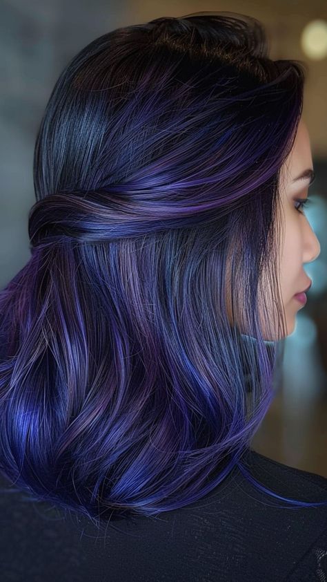 "Style Savvy: Essential Hair Styling Products to Own" Blue Dyed Tips On Black Hair, Unique Hair Color Ideas For Black Hair, Blueish Purple Hair, Blue And Purple Ombre Hair, Violet Blue Hair, Blue And Violet Hair, Purple Gradient Hair, Blue Violet Hair, Blue And Purple Highlights