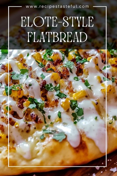 This Elote-style flatbread brings the vibrant flavors of Mexican street corn to your table in a delicious, vegan twist. Topped with fire-roasted corn, creamy vegan cheese, and zesty crema, this dish is perfect for sharing at gatherings or enjoying as a hearty meal. Mexican Flatbread Pizza, Mexican Flatbread, Vegan Flatbread, Mexican Crema, Pizza House, Mexican Street Food, Vegan Sour Cream, Mexican Street Corn, Street Corn