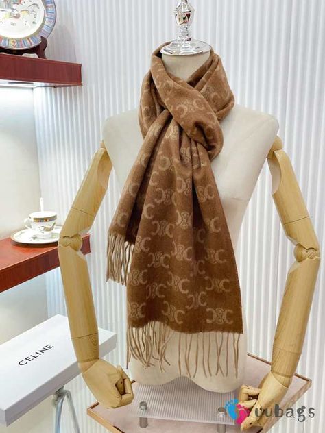 Celine Scarf In Monogram Cashmere Beige 35x190cm - uubags.org Luxury Elegant Beige Silk Scarf, Luxury Brown Scarves For Winter, Luxury Designer Beige Scarves, Celine Scarf, Luxury Brown Scarves For Women, Luxury Brown Winter Scarves, Celine Nano Luggage, High Sandals, Lv Wallet