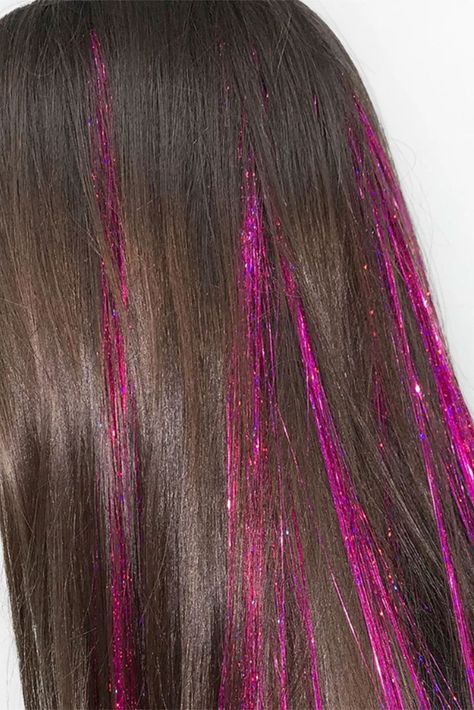 Add some sparkle into your hair. Do not use heat. Keep away from naked flames. Pink Hair Extensions, Dark Pink Hair, Hair Fairy, Baylage Hair, Tinsel Hair, Sparkly Hair, Hair Tinsel, Fairy Hair, Festival Hair