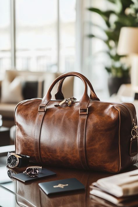 Elevate your travel style with sophisticated men's luxury leather duffel bags. Discover quality! #LuxuryLeather #TravelInStyle Luxury Brown Men's Travel Bag, Luxury Rugged Leather Duffle Bag, Leather-backed Duffle Shoulder Bag For Travel, Luxury Leather-lined Duffle Bag For Travel, Brown Leather-lined Rectangular Duffle Bag, Luxury Leather Bag, Leather Duffel Bag, Leather Duffel, Duffel Bags