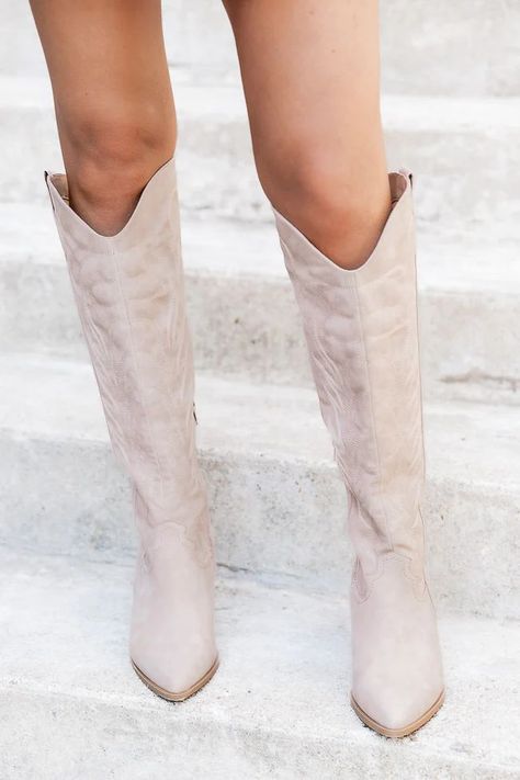 Shania Tan Tall Cowboy Boot | Pink Lily Cream Colored Cowboy Boots, High Knee Beige Boots, Light Tan Cowgirl Boots, Cowgirl Boots Tall, Beige Cowgirl Boots, Beige Cowboy Boots, Cream Cowboy Boots, Wide Calf Boots For Women, Tall Cowboy Boots