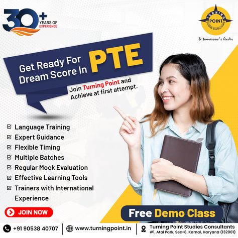 ✨ Ready to ace your PTE exam? With 30+ years of experience, Turning Point Studies Consultants offers expert guidance, flexible timing, and effective learning tools to help you achieve your dream score on your first attempt! 🚀 Join us for a Free Demo Class and take the first step toward success. 💪 🔗 www.turningpoint.in 📞 +91 90538 40707 📍 #1, Atal Park, Sec-8, Karnal, Haryana (132001) #PTEPreparation #LanguageTraining #TurningPoint #DreamScore #StudyAbroad #FreeDemoClass #PTE #Education Pte Exam, Effective Learning, Turning Point, Learning Tools, Take The First Step, Study Abroad, First Step, 30 Years, Turning