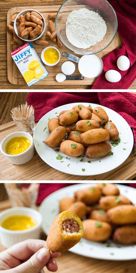 Corn dogs are easy to make; you just need some Jiffy corn bread mix and your favorite hot dogs (big or small) and you are on your way to hot doggity deliciousness. Homemade Mini Corn Dogs, Homemade Corndogs, Cornbread With Corn, Mini Corn Dogs, Corndog Recipe, Carnival Food, Cornbread Mix, Corn Dog, Bread Mix