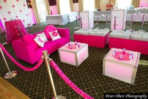 Hot Pink Theme Bat Mitzvah Lounge New York {Party Planner: The Event of a Lifetime, Peter Oberc Photography} - mazelmoments.com Vip Party Ideas Lounge Areas, Vip Section Ideas, Vip Party Ideas, Pink Tables, Pink Sofas, Launch Event Ideas, Party Lounge, Bat Mitzvah Themes, Mitzvah Themes