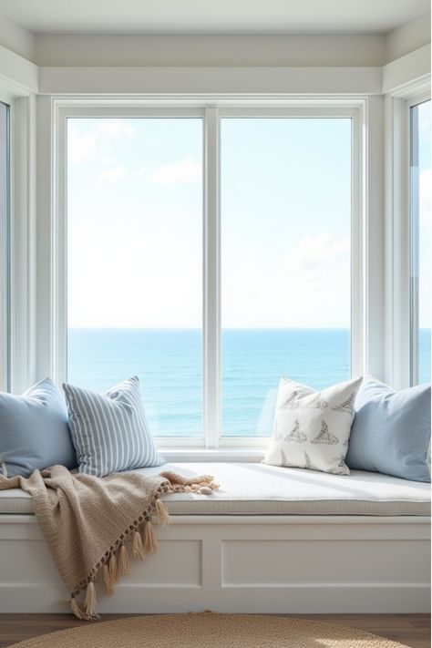 Coastal window seat with blue and white striped cushions Bay Window Seat Ideas, Cozy Nook Ideas, Bay Window Seat Cushion, Bay Window Benches, Coastal Windows, Modern Coastal Bedroom, Window Bench Seat, Bay Window Seat, Window Seat Design