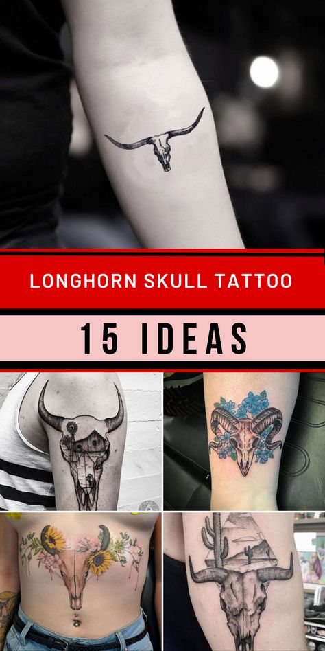 Embark on a Texan journey with an enchanting longhorn skull tattoo, suitable for both men and women. This design embodies the essence of Texas, making it a resonant choice. Whether you opt for a traditional or modern twist, the longhorn skull can be transformed into a compelling tattoo that resonates with strength and history. From intricate floral motifs to minimalist and small versions, this tattoo can be adorned on your leg, sternum, or any preferred area. Texas Longhorn Skull Tattoo, Texas Longhorn Skull Drawing, Texas Longhorn Tattoo Women, Longhorn Tattoo With Flowers, Longhorn Tattoo For Men, Long Horn Tattoo Ideas, Bull Skull Tattoo Women, Longhorn Tattoo Women, Texas Tattoo Ideas For Women