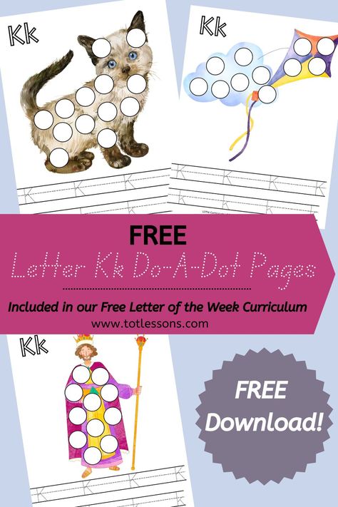 Included in our completely FREE Letter of the Week Curriculum are these letter K themed dot pages! #freedoadotprintables, #alphabetdoadot #letteroftheweek, #letterk, #letteroftheweekpreschoolcurriculum, #preschoolcurriculum, #alphabetactivities, #freealphabetdoadotprintables, #letterdotprintables, #freepreschoolprintables, #letterlearningactivities, #toddleractivities, #letteroftheweekactivities, #letterkactivities, #freeletteroftheweekcurriculum, #preschoolactivities, #totschool, #totlessons Letter Of The Week Preschool, Letter Learning Activities, Free Preschool Printables, Do A Dot, Alphabet Activities Preschool, Letter Of The Week, Activities Preschool, Dotted Page, Tot School