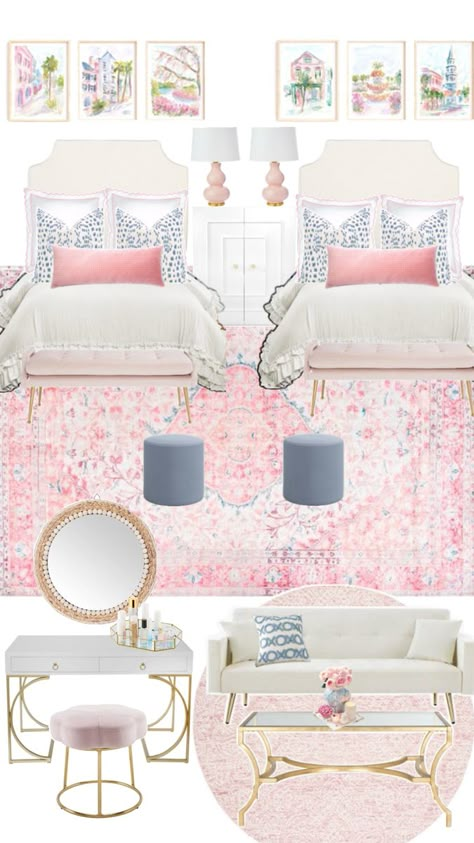 Traditional Layout Inspo Dorm Room Themes, Pretty Dorm Room, Pastel Preppy, Sorority Room, Traditional Layout, Preppy Dorm Room, College Dorm Room Inspiration, Dream Dorm Room, Dorm Room Styles