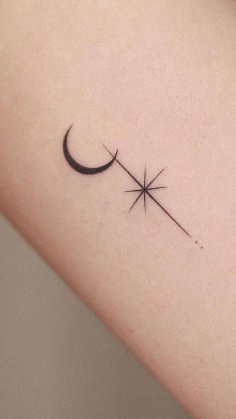 Moon And Arrow Tattoo, Tiny Fine Line Tattoo Ideas, Nape Tattoo Women Minimalist, Birthday Tattoos For Women, Cosmic Tattoo Ideas, Cosmic Tattoos, Eclipse Tattoo, Nape Tattoo, Minimal Tattoo Designs