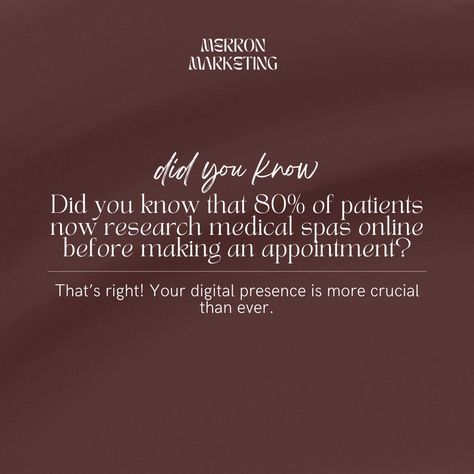 Is your med spa or spa missing out on potential clients? 😲 No longer can you rely solely on word-of-mouth. It’s time to adapt to the changing landscape and create a digital presence that attracts, engages, and converts. As a digital marketer with 5+ years of experience in aesthetics, wellness, and beauty, I've seen firsthand how the right online strategy can transform your business. Let’s work together to elevate your online visibility, make your brand more personable, and bring in more cl... Spa Holiday, Digital Marketer, Medical Spa, Holiday Market, Word Of Mouth, Med Spa, Knowing You, Did You Know, Digital Marketing