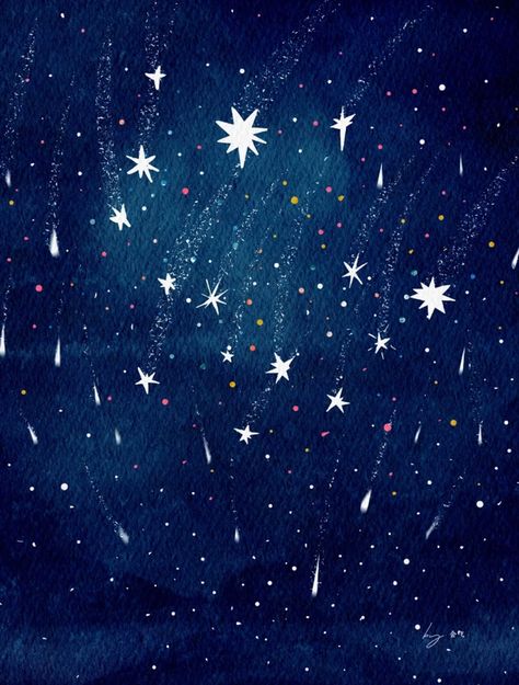 Stars Aesthetic Illustration, Stars Illustration Art, Shooting Stars Drawing, Shooting Star Drawing, Night Sky Illustration, Watercolor Night Sky, Stars Illustration, Childrens Book Cover, Star Illustration