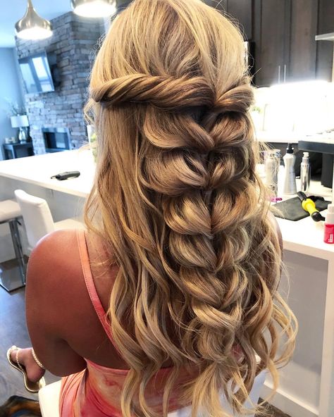 Braids•Wedding•Hair•Colorado on Instagram: “Fluffy pull through braid and beach waves. My fav 🙌” Pull Through Braid Hairstyles, Winter Dance Hairstyles, Braid Wedding Hair, Braids Wedding, Braid Wedding, Cute Prom Hairstyles, Wedding Hairstyles And Makeup, Formal Hairstyles For Long Hair, Winter Dance