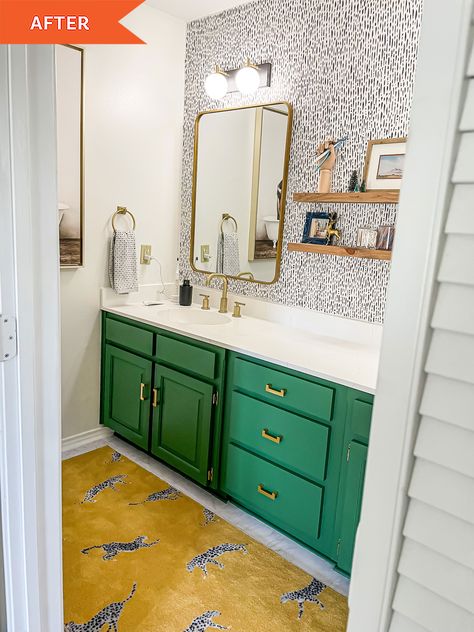 Towel Bar Placement, Ikea Kallax Unit, Bathroom Upgrade, Gallon Of Paint, Yellow Bathrooms, Cork Flooring, Green Cabinets, Master Bed, Boys Bathroom