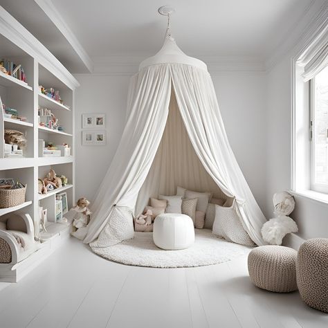 A haven for little ones! This playroom features a comfy seating area nestled under a canopy, providing a cozy spot for kids to read, relax, or play with friends. What are your must-have items for a playroom? Share your ideas in the comments! Reading Corner Ideas For Kids, Baldachin Bed, Children Playroom, Toddler House Bed, Cozy Baby Room, Comfy Reading, Play With Friends, Kids Room Interior Design, Nursery Room Design