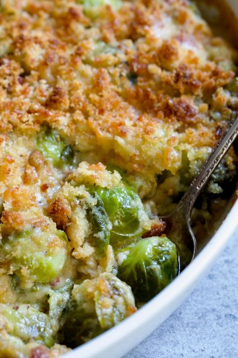 This cheesy Brussels Sprouts Gratin is the perfect elegant side dish that pairs well with almost anything! Tender Brussels sprouts are blanketed in a velvety cheesy cream sauce and then finished with a crispy, buttery breadcrumb topping. This luxurious casserole can even be made ahead of time! Cream Cheese Brussel Sprouts, Scalloped Brussel Sprouts, Creamed Brussels Sprouts, Cream Brussel Sprout Recipes, Gruyere Brussels Sprouts, Boursin Brussel Sprouts, Brussel Sprout Gratin, Elegant Side Dishes, Cheesy Brussels Sprouts