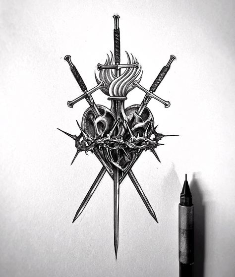 Gothic Style Tattoo Men, Heart Swords Tattoo Ideas, Ornamental Skull Tattoo, Heart Flail Tattoo, Heart With Swords Tattoo, Medieval Tattoo Flash, Gothic Font Tattoo, Crow Tattoo Design, Sacred Heart Tattoos