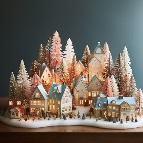 Putz Village Display, Paper Mache Christmas House, Christmas Village Diorama, Christmas Minature Village Ideas, Christmas Model Village, Homemade Christmas Village, Diy Anthropologie Decor, Christmas Town Display Ideas, Christmas Village Aesthetic